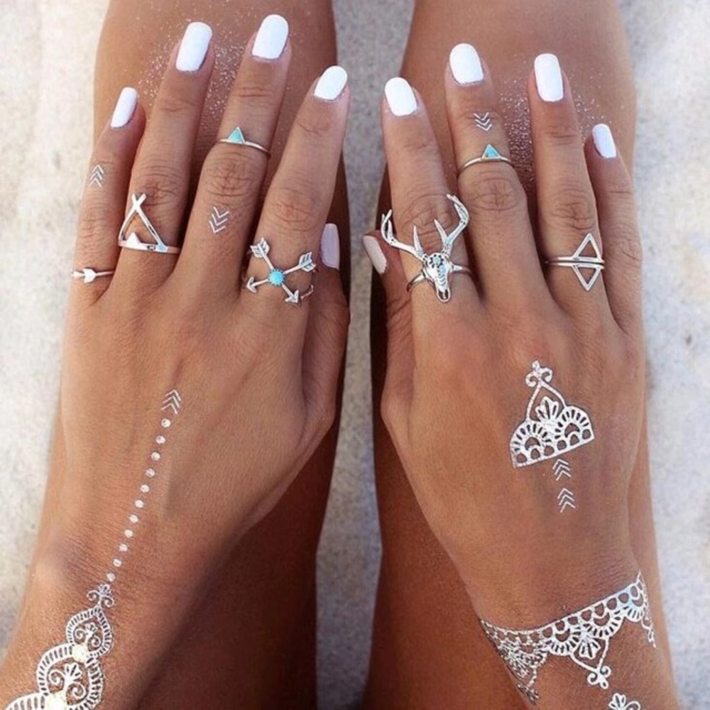 🛍 Silver Boho Turquoise Deer Arrow Midi Rings Set - Picture 2 of 7
