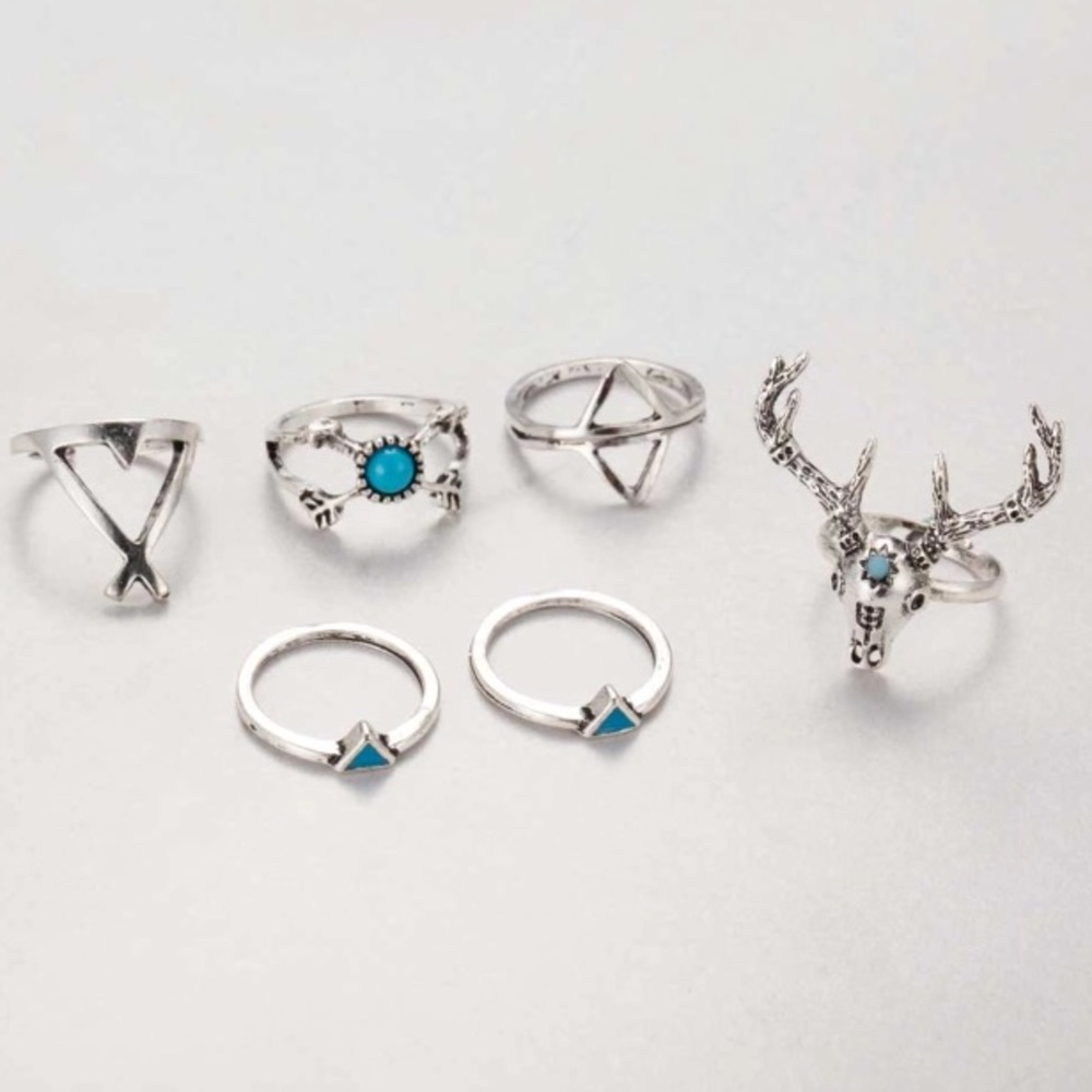 🛍 Silver Boho Turquoise Deer Arrow Midi Rings Set - Picture 6 of 7