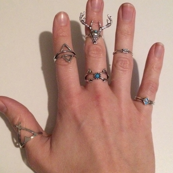 🛍 Silver Boho Turquoise Deer Arrow Midi Rings Set - Picture 3 of 7