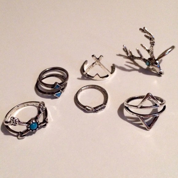 🛍 Silver Boho Turquoise Deer Arrow Midi Rings Set - Picture 4 of 7