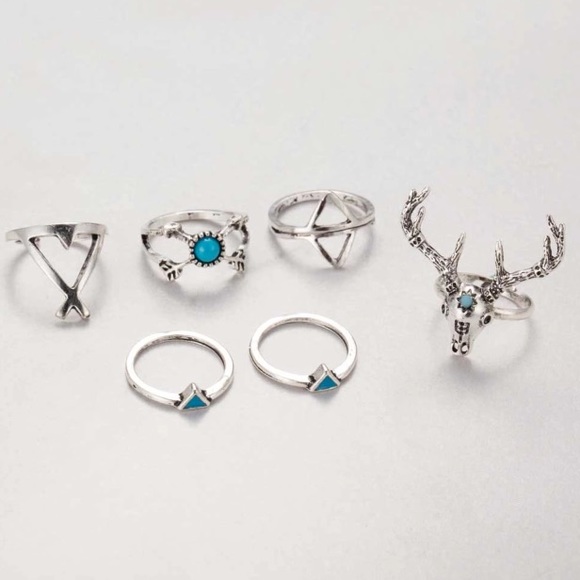 🛍 Silver Boho Turquoise Deer Arrow Midi Rings Set - Picture 6 of 7