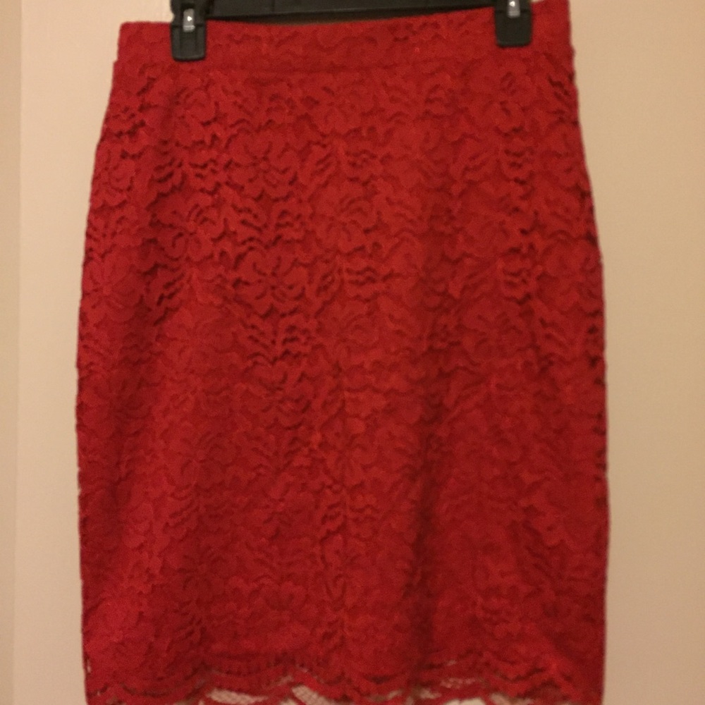 Red lace pencil skirt