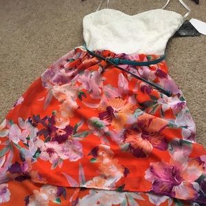 Hi low belted strapless floral dress brand new