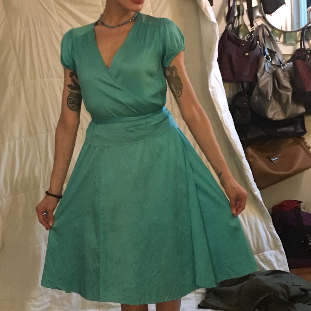 CALYPSO 100% Silk Wrap Dress Aqua blue