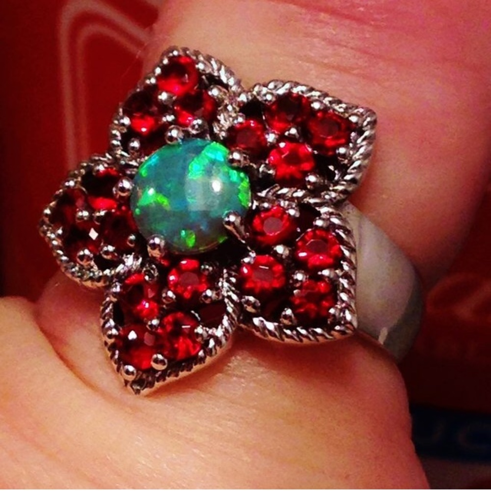 NWT! GENUINE Rare Blue Mosiac Opal +Garnet Ring 6