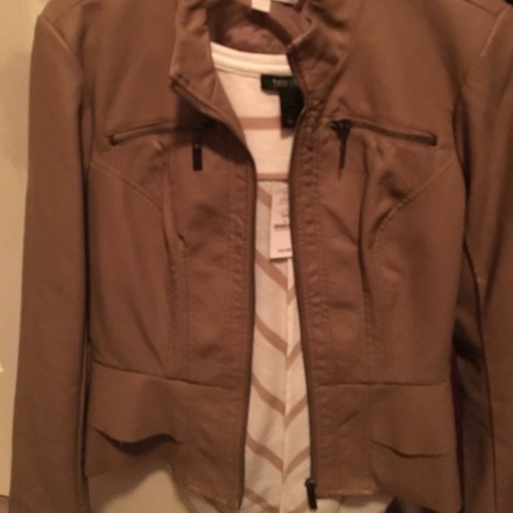 NY&Co tan leather coat & shirt
