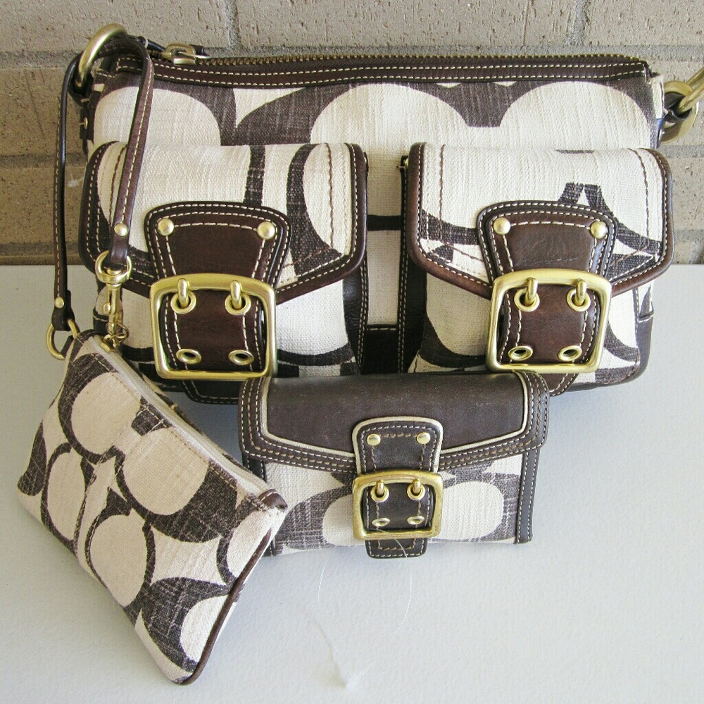 SOLD! Coach 3pc Choco Brown Sig Linen