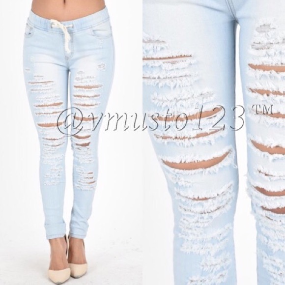 ‼️LAST 1 SZ L- LIGHT WASH DENIM STRETCHY JOGGERS - Picture 2 of 3