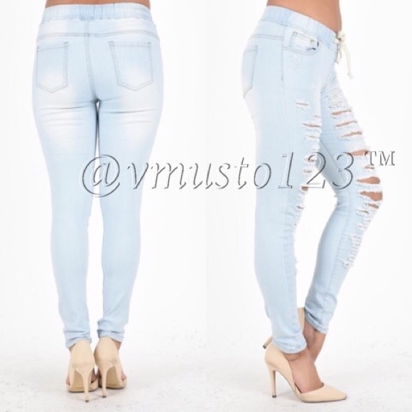 ‼️LAST 1 SZ L- LIGHT WASH DENIM STRETCHY JOGGERS - Picture 3 of 3