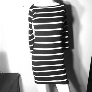 Black and white striped boat neck dress