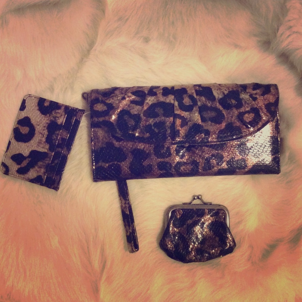 Metallic leopard print three piece wallet set