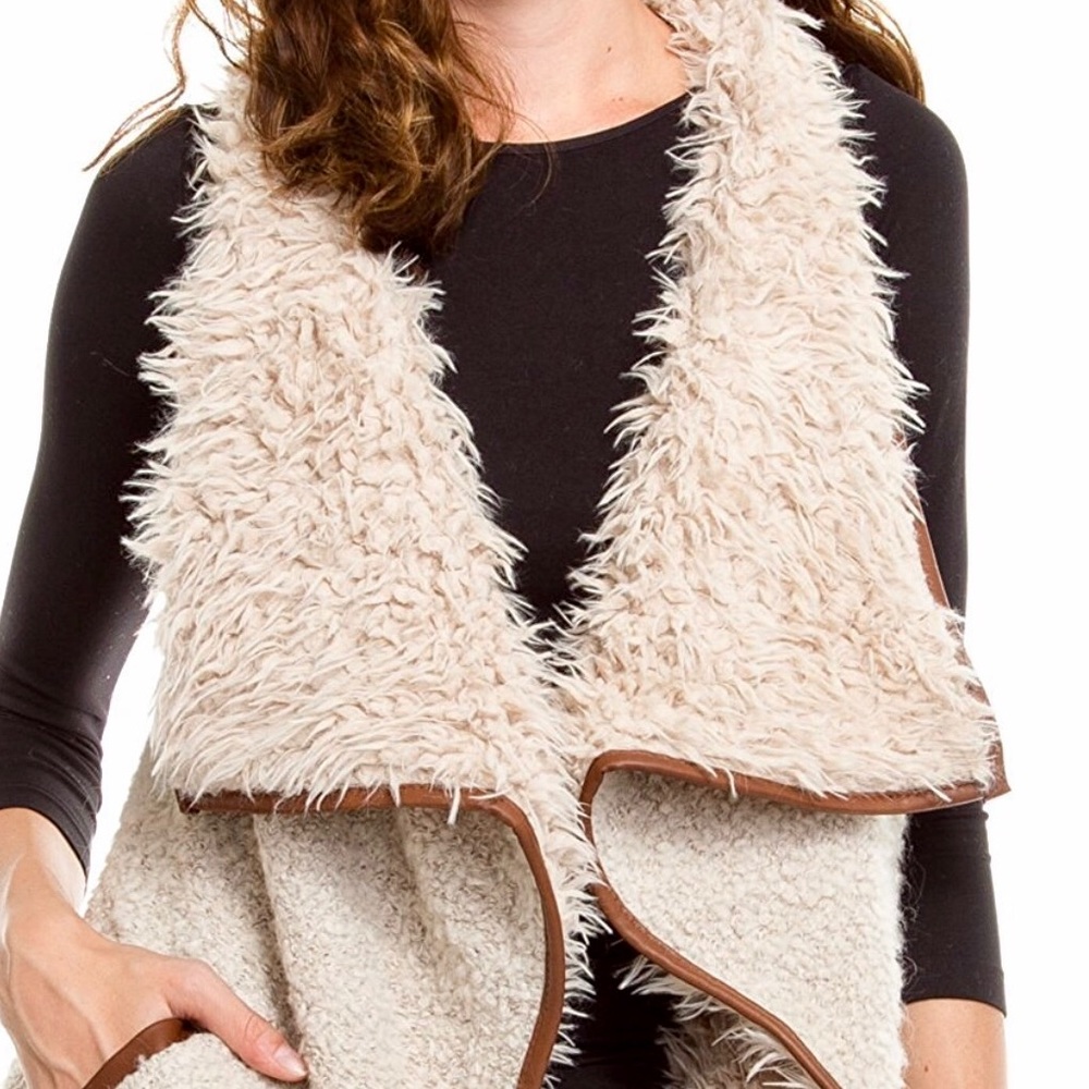 Faux shearling and faux leather open front vest