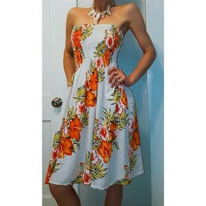 Tropical orange hibiscus smocked mini dress