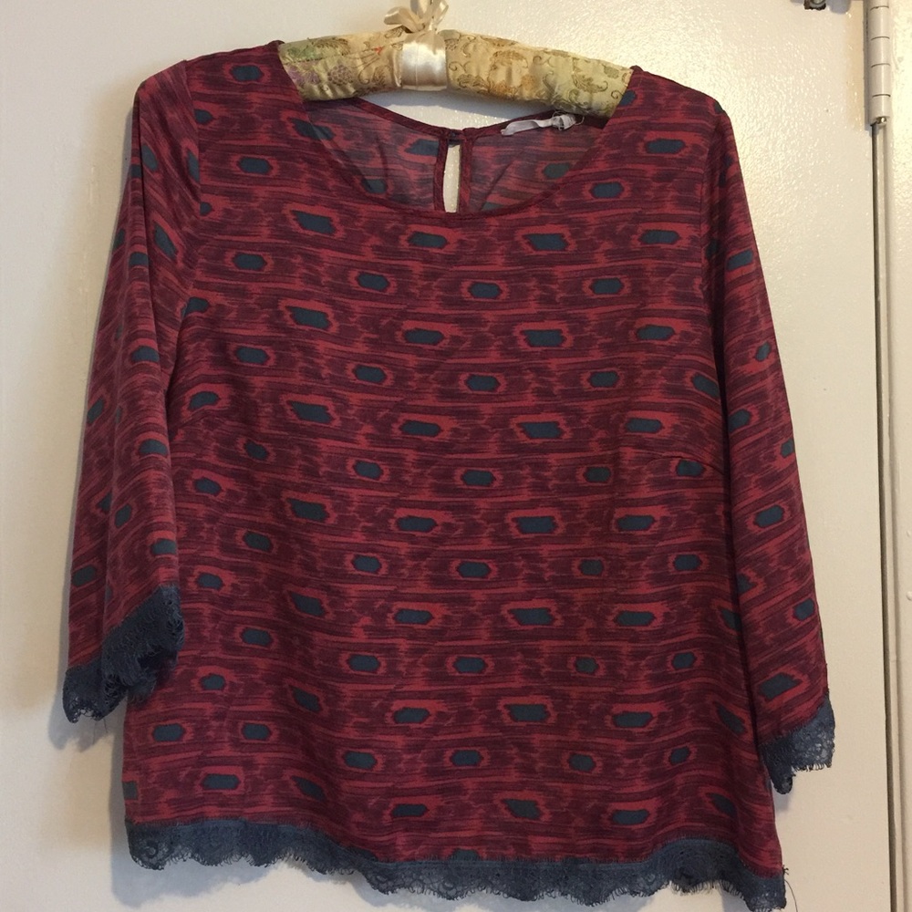 Anthropologie Lush Red/Blue Lace Trimmed Shirt  M