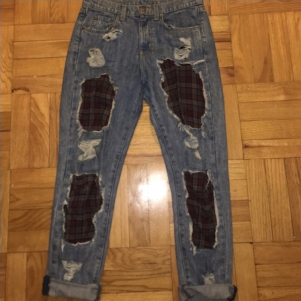 Carmar plaid patch boyfriend jeans