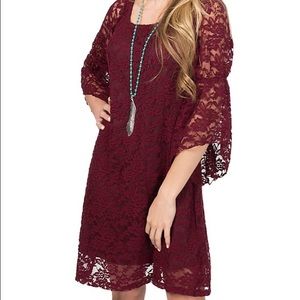 Jody Women's Burgundy Lace 3/4 Bell Sleeve Dress