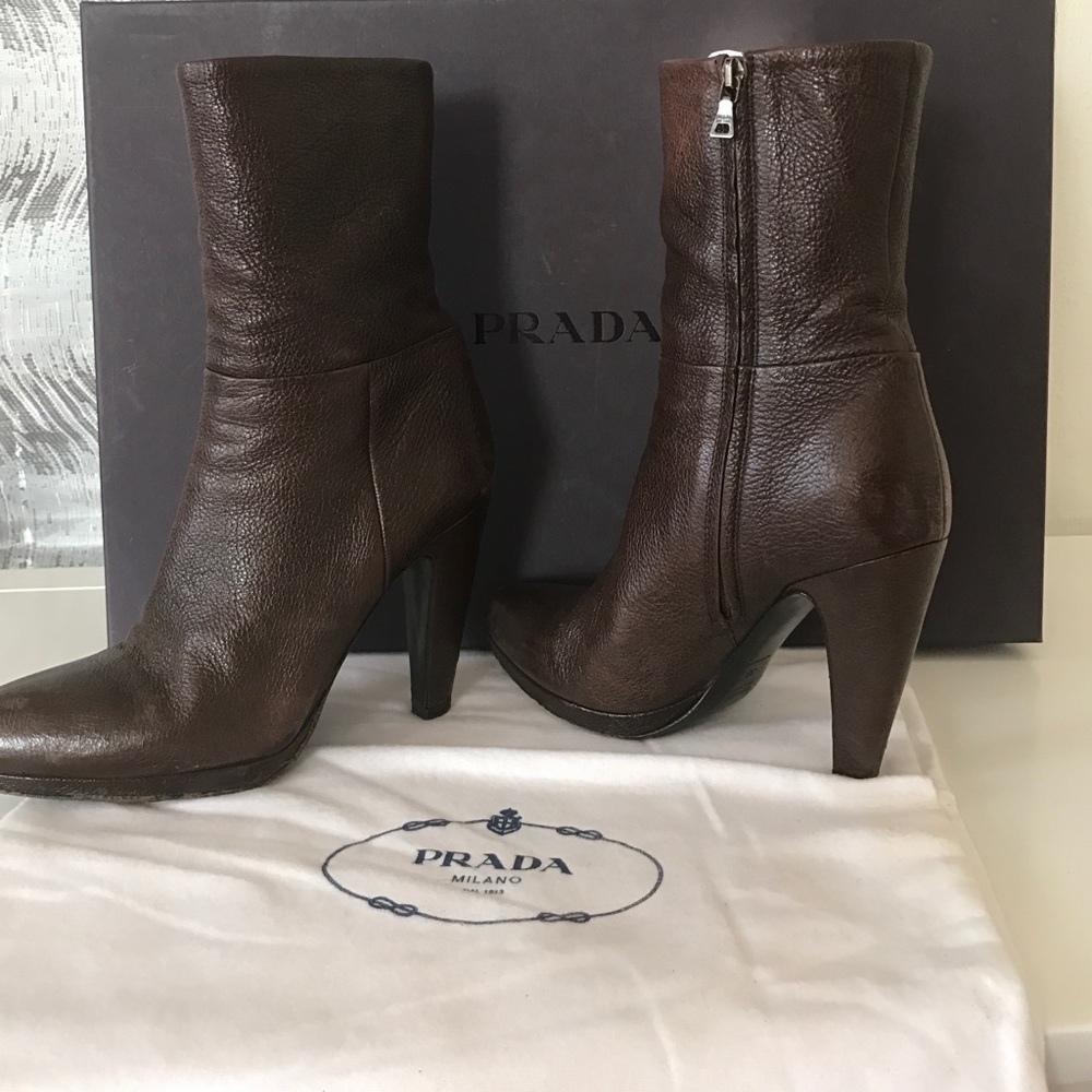 Prada midsize brown leather boots