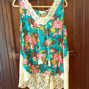 Teal Floral and Lace Tank