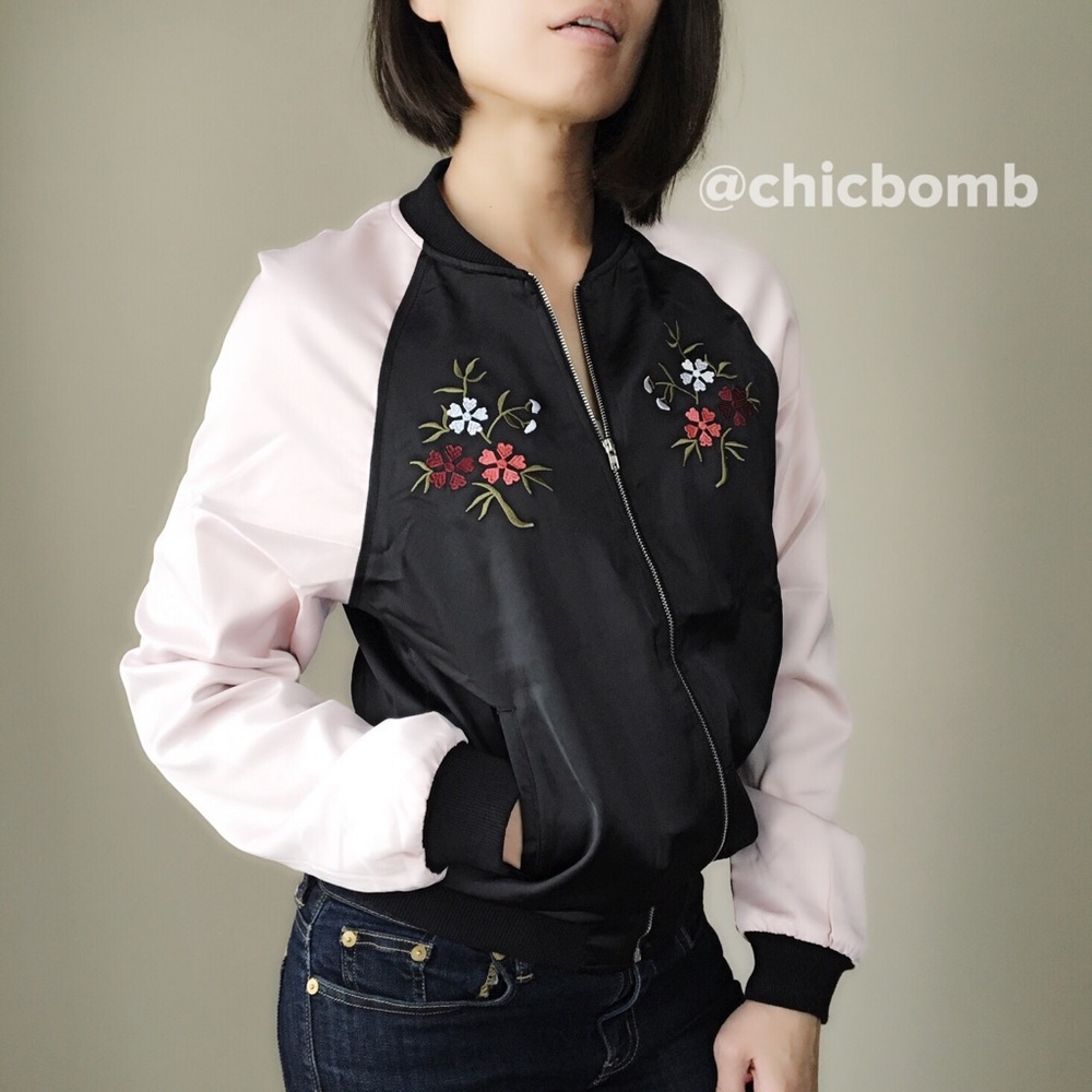 Silk satin bomber floral jacket. - Picture 3 of 5