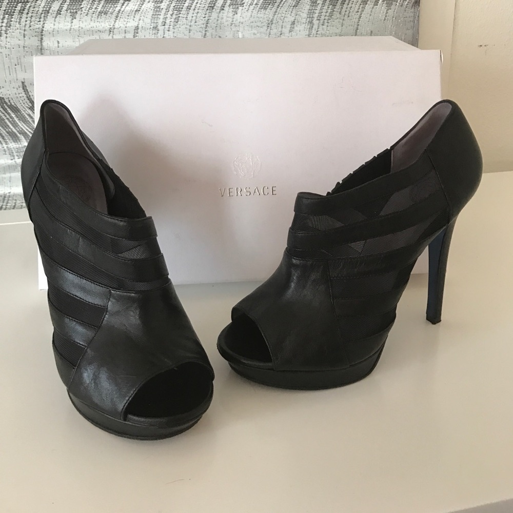 Versace black leather ankle heels