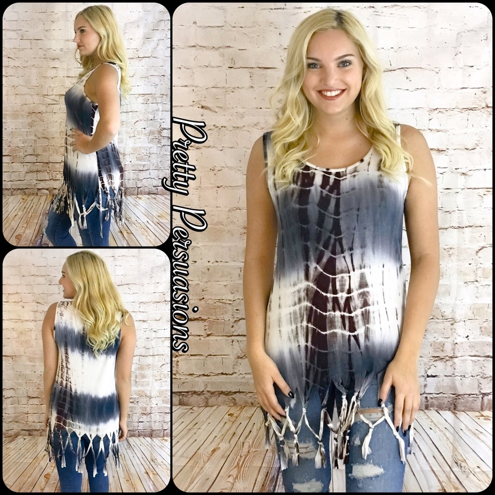 SALE‼️Gray Tie Dyed Fringe Hem Tank Top Tunic - Picture 1 of 8
