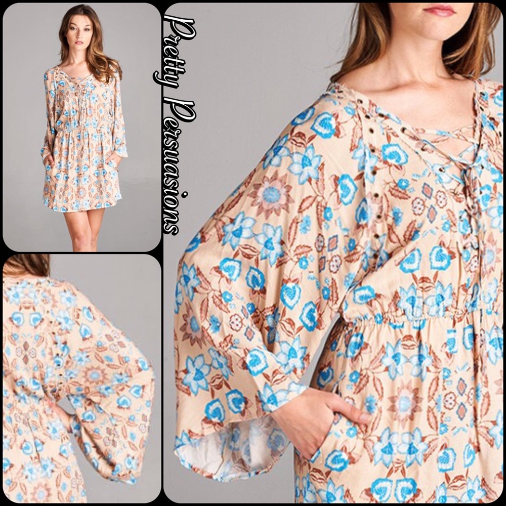 SALE‼️ Floral Lace Up Long Bell Sleeve Dress - Picture 4 of 5
