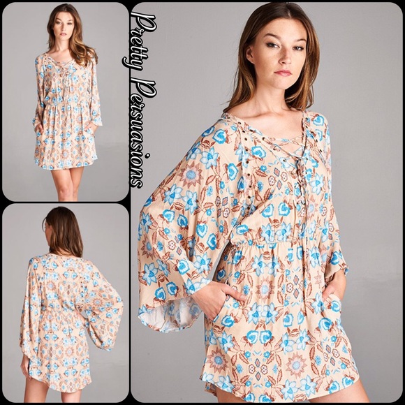 SALE‼️ Floral Lace Up Long Bell Sleeve Dress - Picture 2 of 5