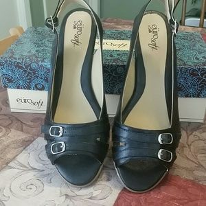 Black leather wedges NIB