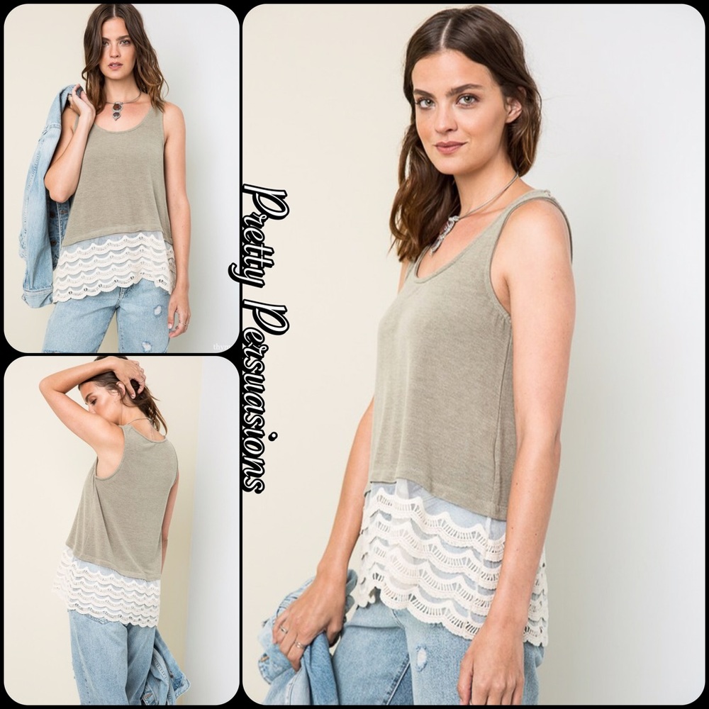 NWT Olive & Cream Lace Crochet Hem Top - Picture 3 of 8