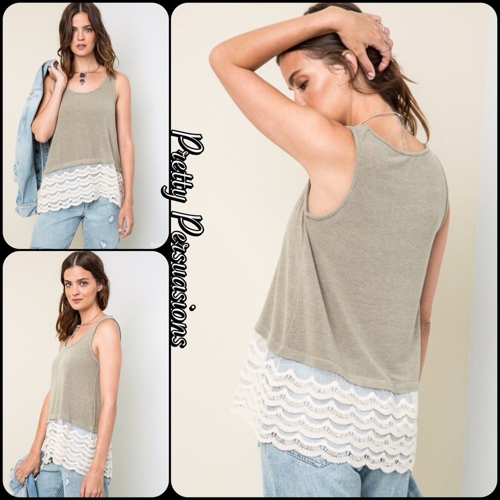 NWT Olive & Cream Lace Crochet Hem Top - Picture 4 of 8