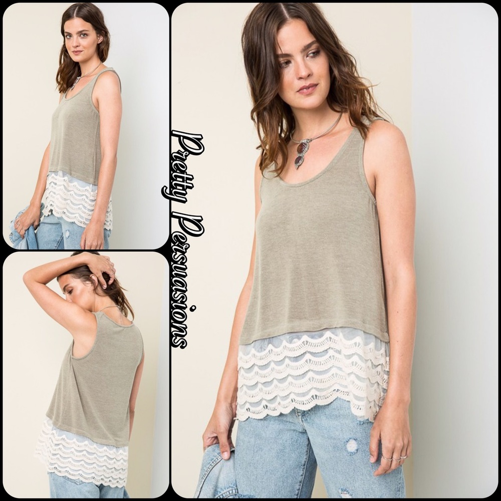 NWT Olive & Cream Lace Crochet Hem Top - Picture 5 of 8