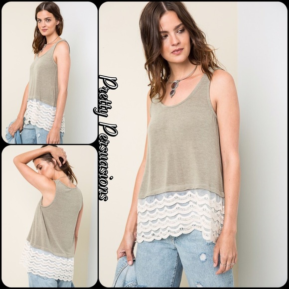 NWT Olive & Cream Lace Crochet Hem Top - Picture 5 of 8