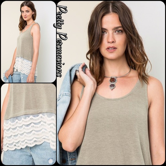 NWT Olive & Cream Lace Crochet Hem Top - Picture 6 of 8