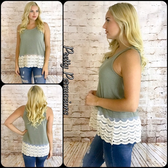 NWT Olive & Cream Lace Crochet Hem Top - Picture 7 of 8