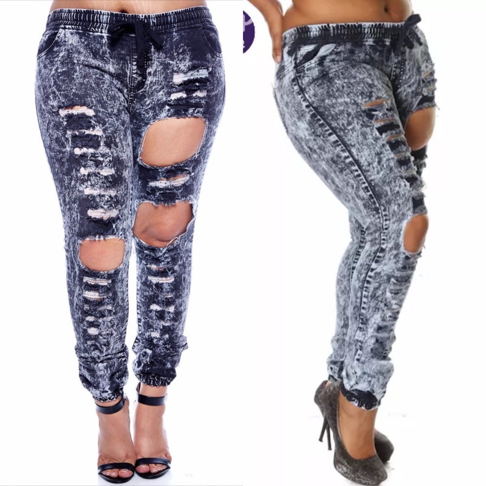 Plus Size Acid Wash Elastic Waist Jogger Pants - Picture 2 of 2