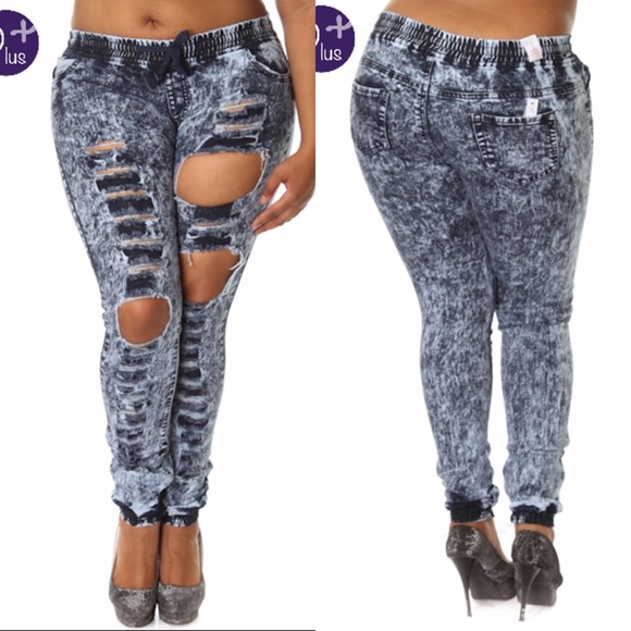 Pants - Plus Size Acid Wash Elastic Waist Jogger Pants