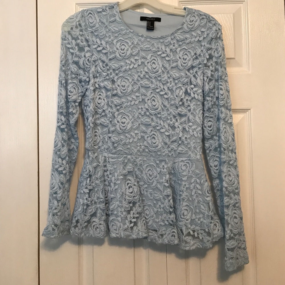 blue floral/lace long sleeved shirt