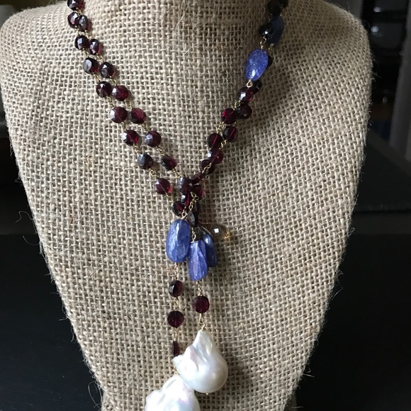 Garnet, Tanzanite and Baroque Pearl Lariat - Picture 2 of 4