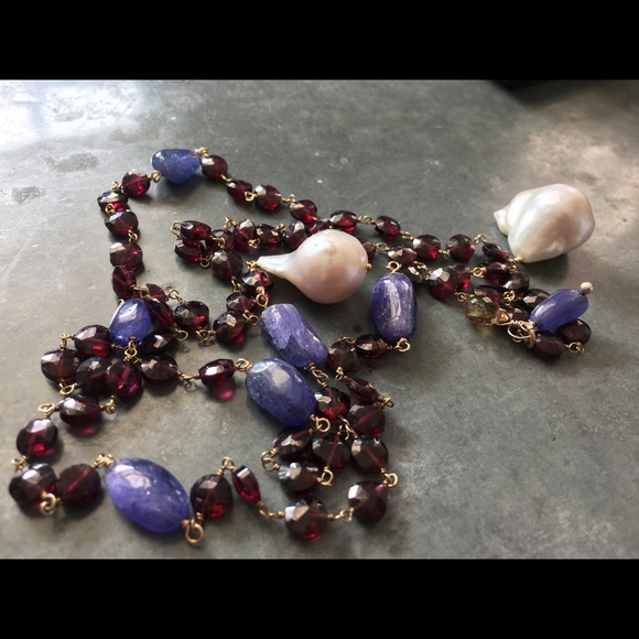 Garnet, Tanzanite and Baroque Pearl Lariat - Picture 3 of 4