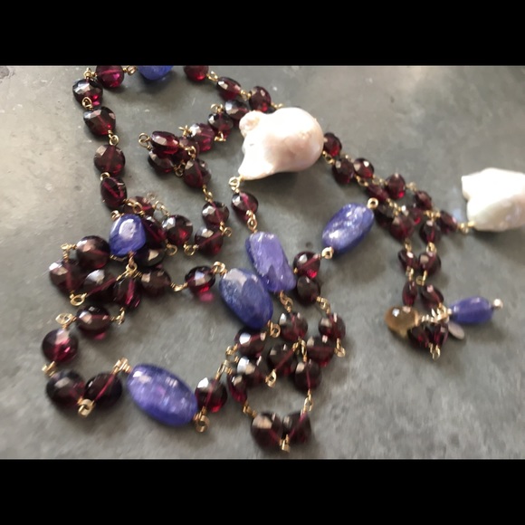 Garnet, Tanzanite and Baroque Pearl Lariat - Picture 4 of 4