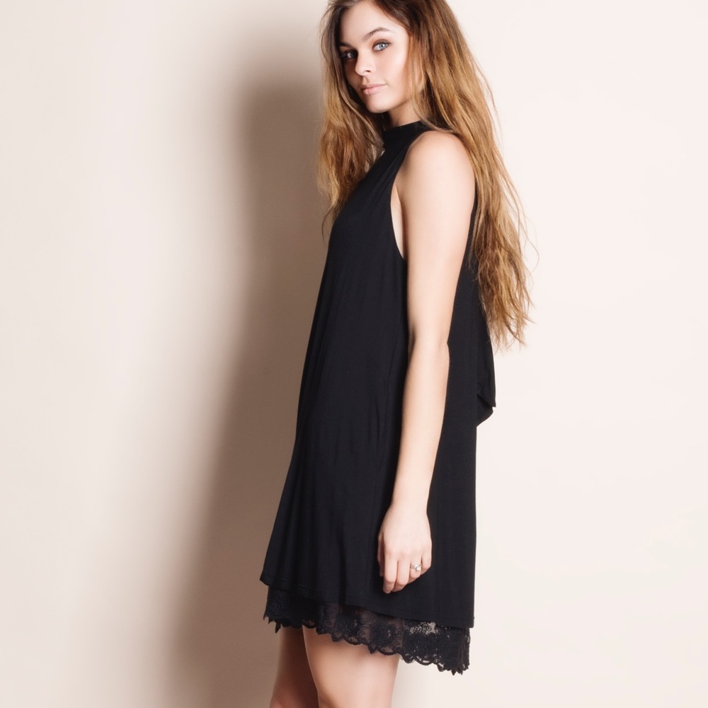 Lace Hem Tie Back Little Black Dress - Picture 2 of 4