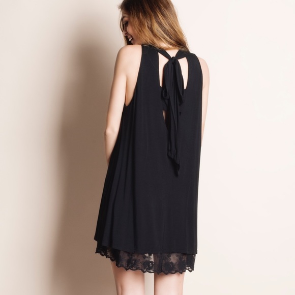 Lace Hem Tie Back Little Black Dress - Picture 3 of 4