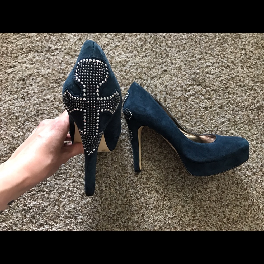 Blue Suede Reba heels with rhinestone cross