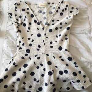 White Peplum Top with Navy Polka Dots