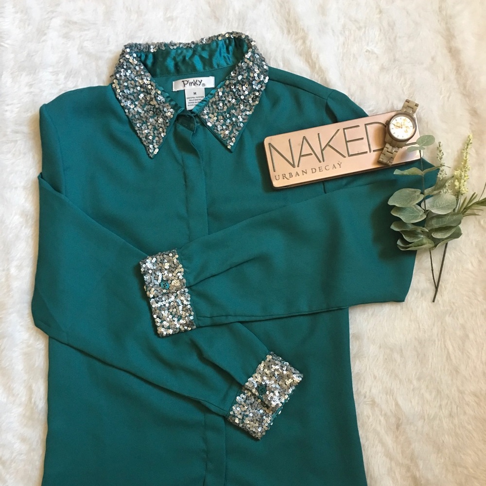 Teal blouse with sequence accents