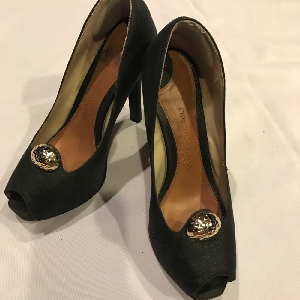 Christian Siriano fabric peep toe pump with gold
