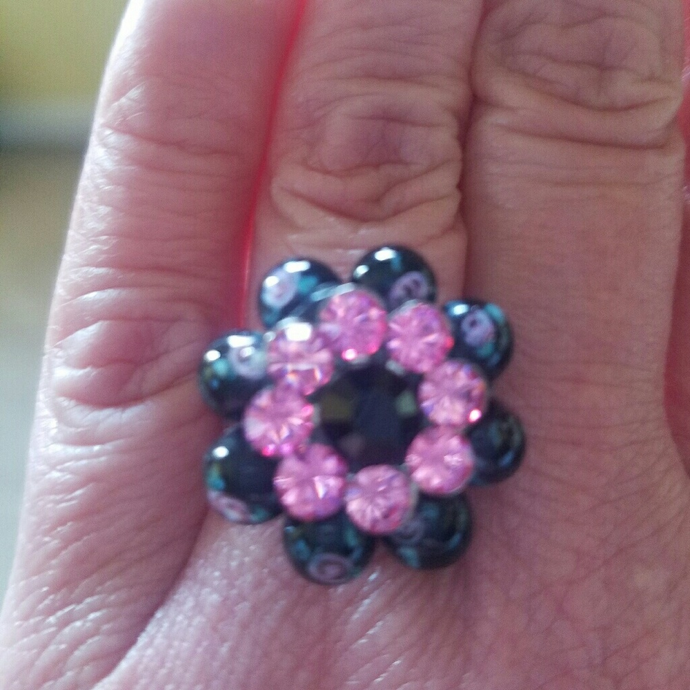 Tarina Tarantino pink crystal black bead ring