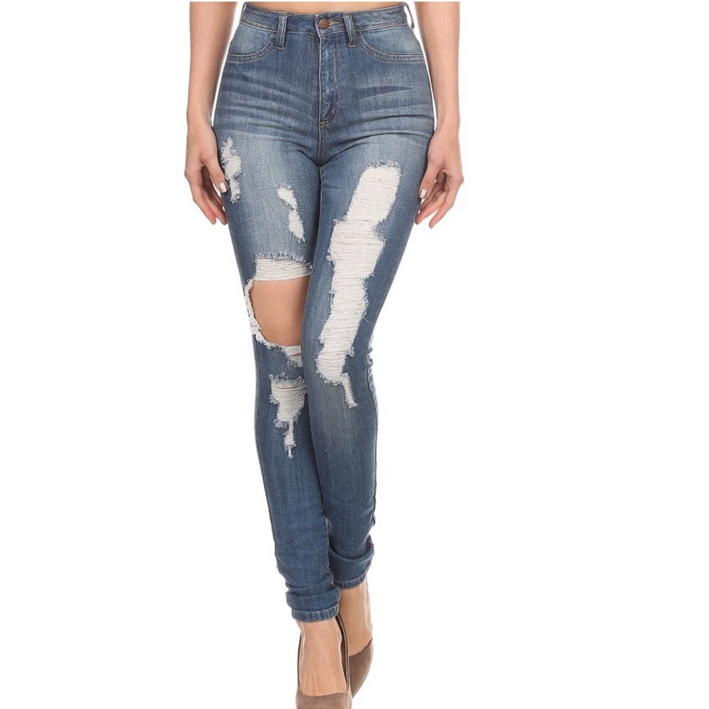 High waist distressed jean