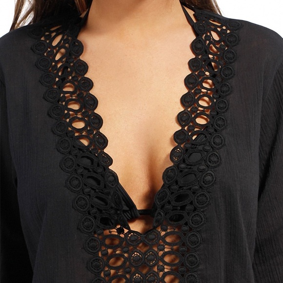 Black Crochet COVERUP Tunic Dress Kimono  Lace - Picture 2 of 2