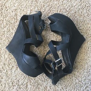 Mossimo Black faux leather wedge strappy heels